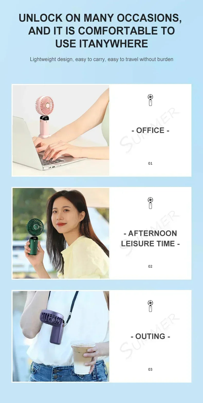 Rechargeable Neck & Handheld Fan — 5-Speed Portable Cooling